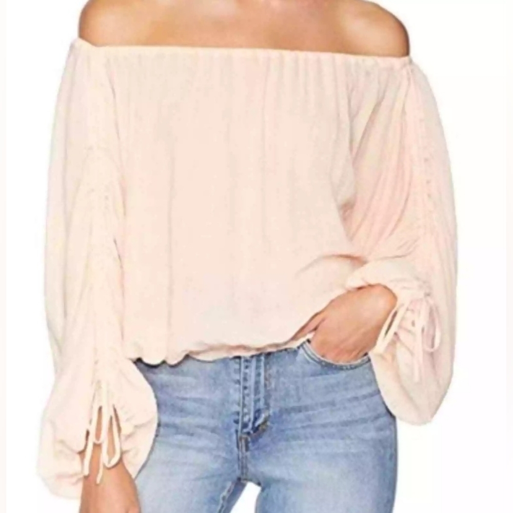 JOIE Elazara Off the Shoulder Textured Blouse Top XS Summer Pink Peach Ruched